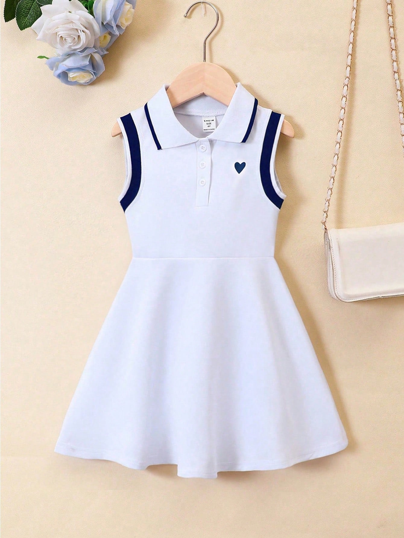 Kids Young Girl Preppy-Style Heart-Shaped Printed Striped Polo Collar Sleeveless Dress, Summer