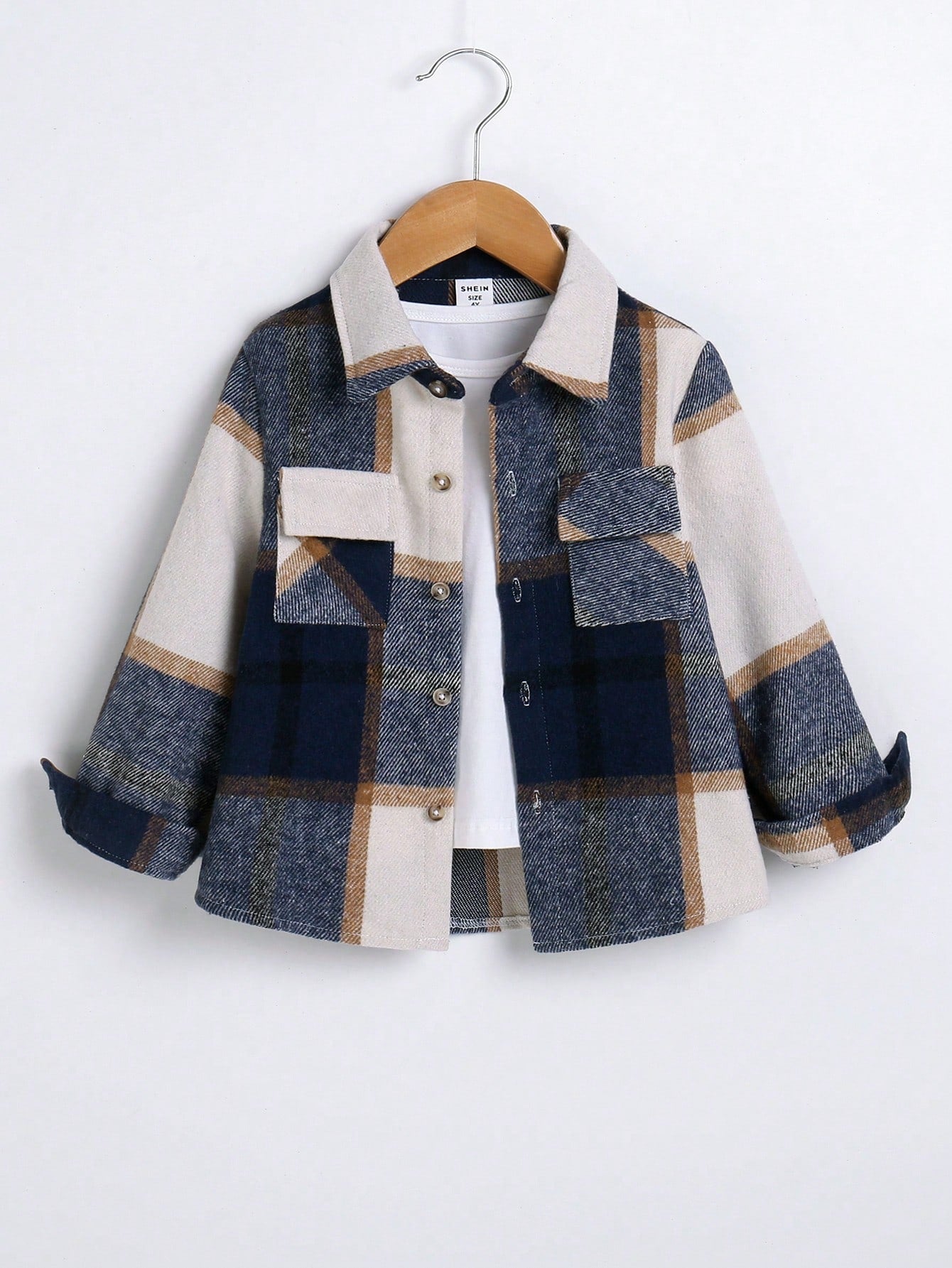 Young Boy Plaid Print Flap Pocket Shirt Without Tee