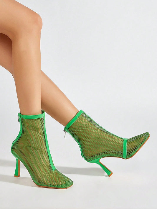 Square Toe High Heel Mesh Boots