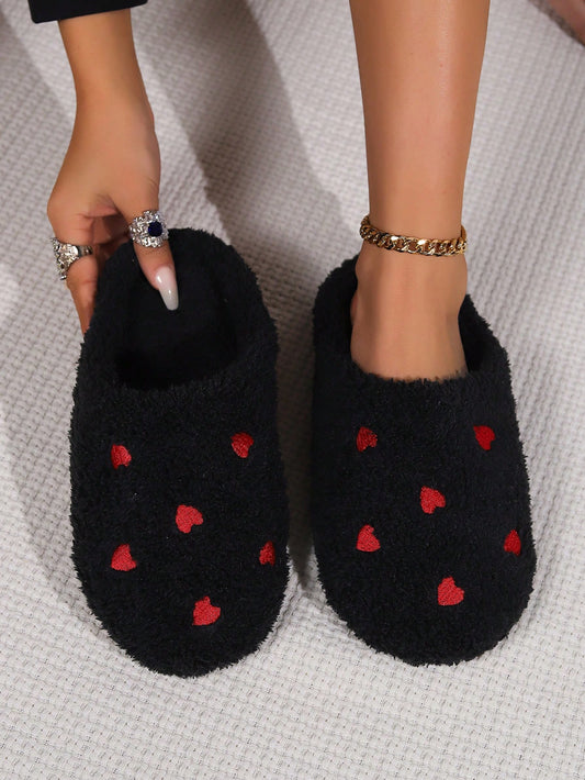 Women's Home Slippers Plush & Thick Indoor Slipper With Soft Sole And Heart Decoration For Winter