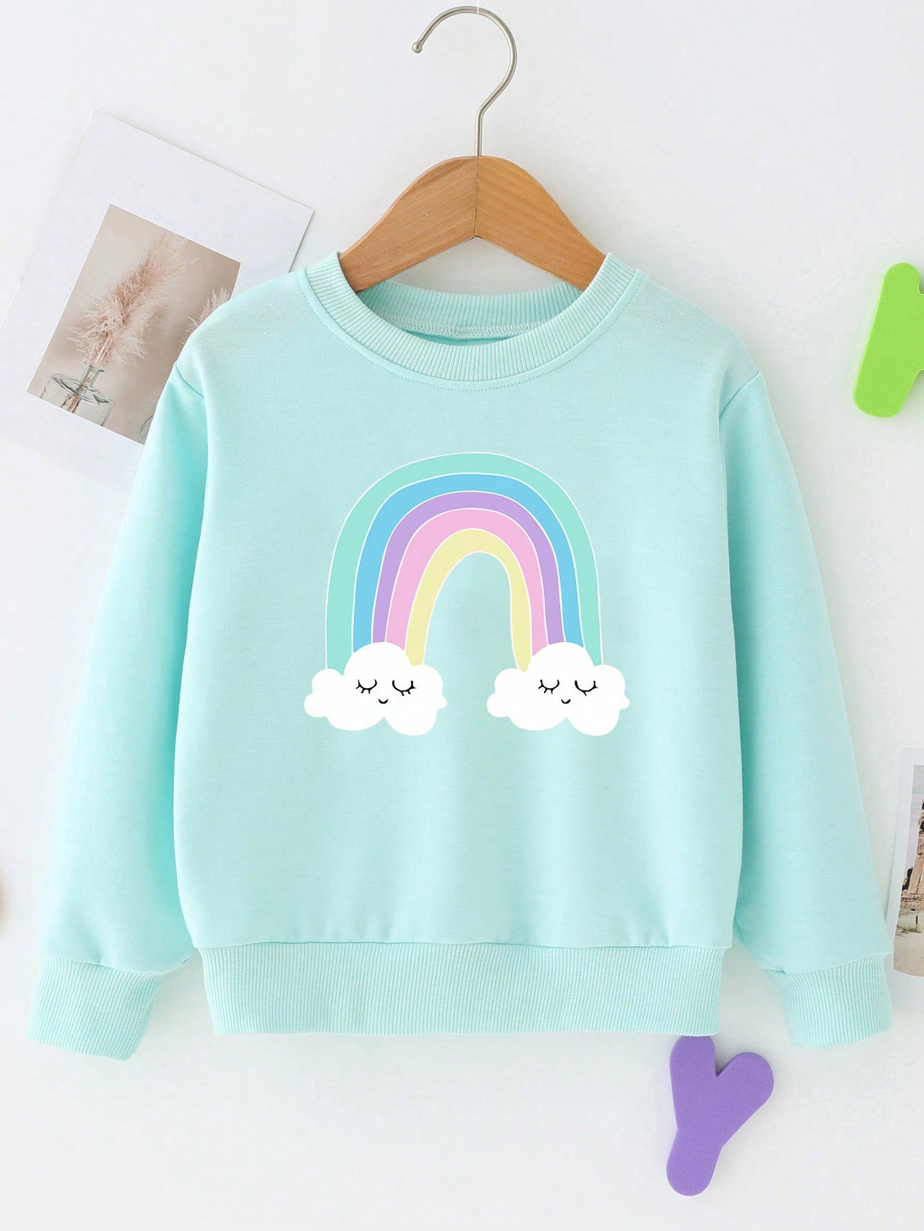 Young Girl Cute Rainbow Printed Sweatshirt With Round Neck And Long Sleeves, Spring/Fall