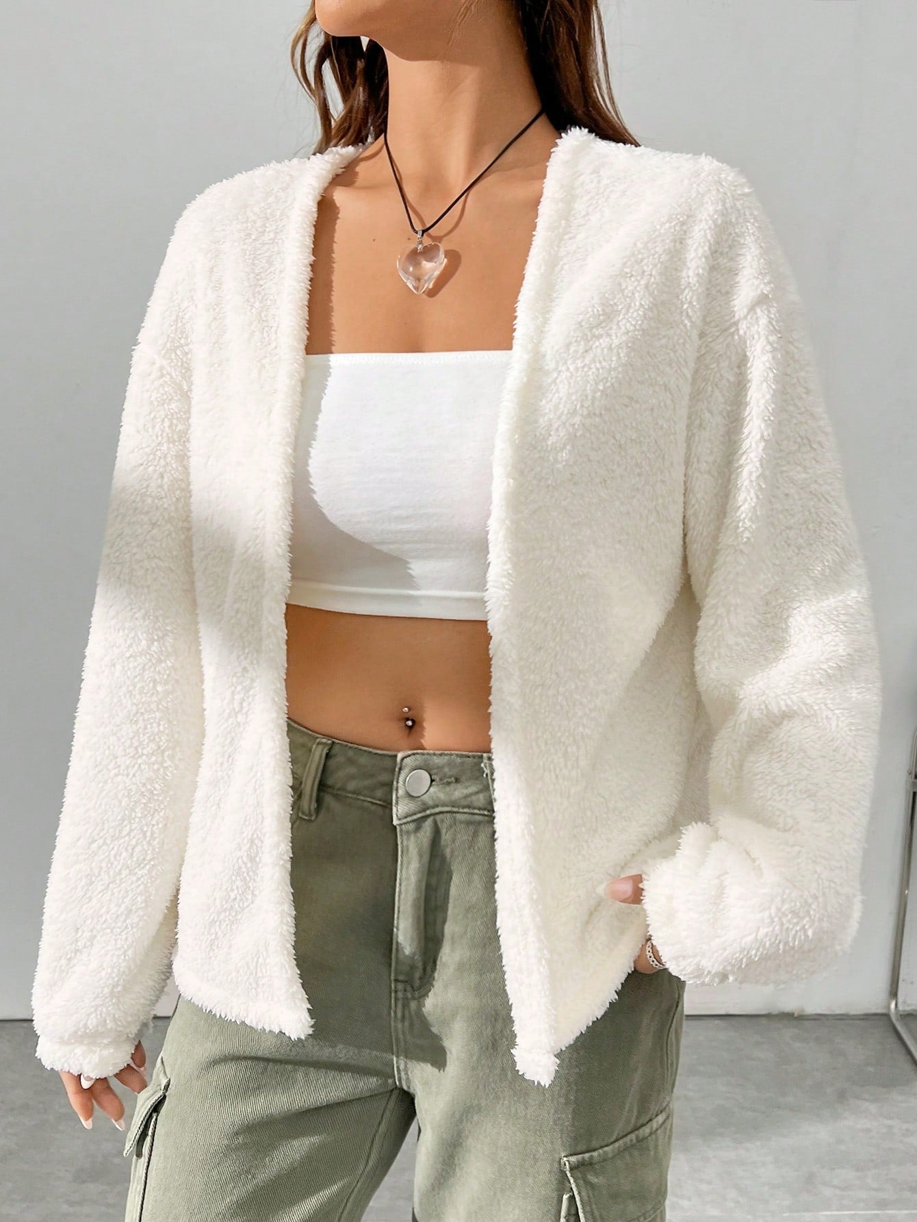 Oversized Teddy Jacket With Open Front And Drop Shoulder Sleeves