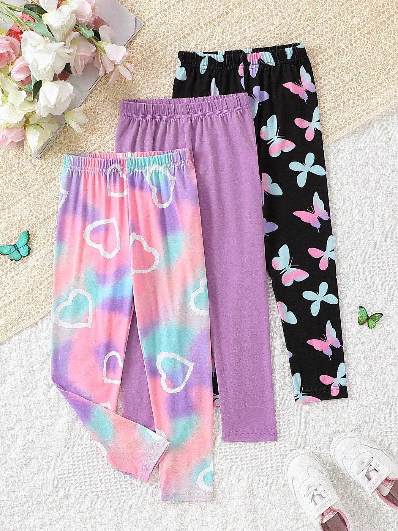 Young Girl 3pcs/Set Comfortable Heart Print Tie Dye & Butterfly Print Elastic Waist Long Pants, Spring/Autumn