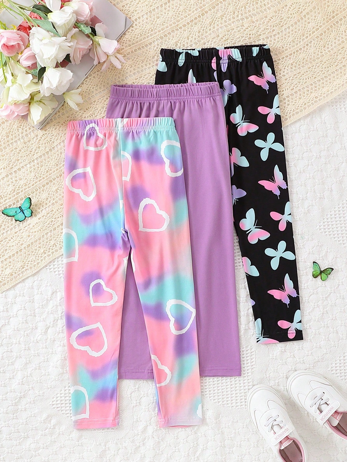 Young Girl 3pcs/Set Comfortable Heart Print Tie Dye & Butterfly Print Elastic Waist Long Pants, Spring/Autumn