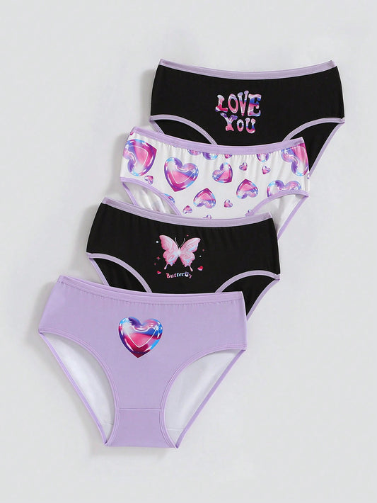 Young Girl Cute Purple Butterfly & Heart Pattern Printed Underwear