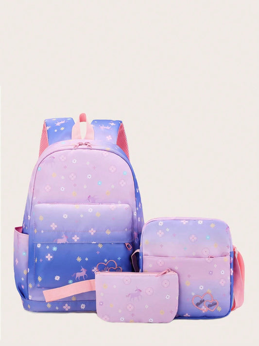 3-piece girls backpack set children's schoolbag with lunch box elementary school outdoor bag,