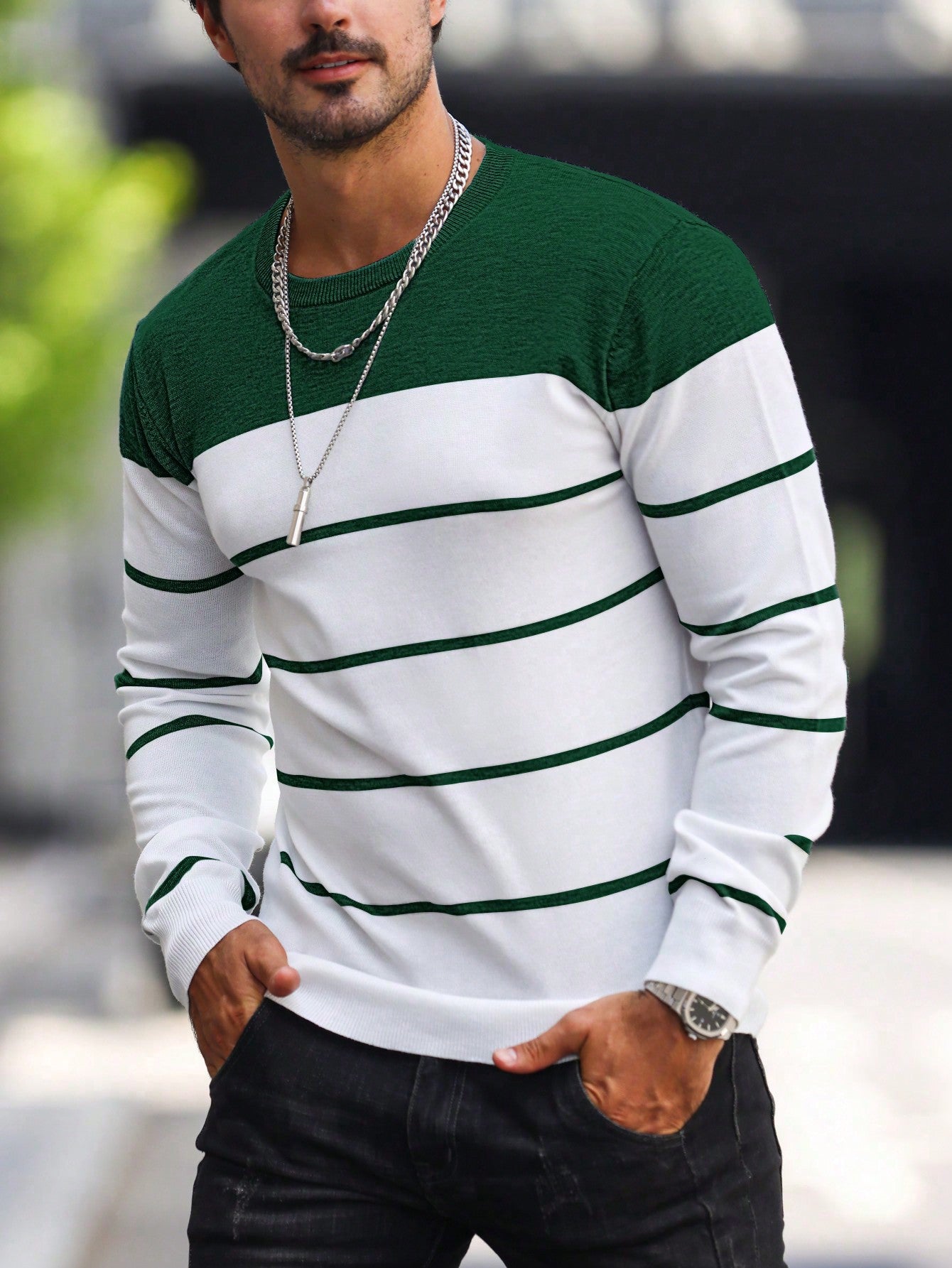 Men's Slim Fit Color Block Striped Sweater