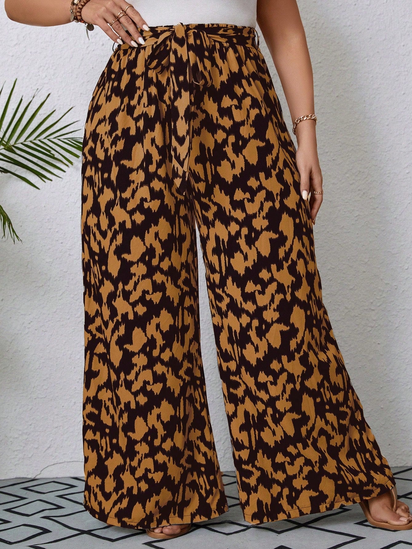 Plus Size Full-Length Printed Paper Bag Waist Wide Leg Summer Pants