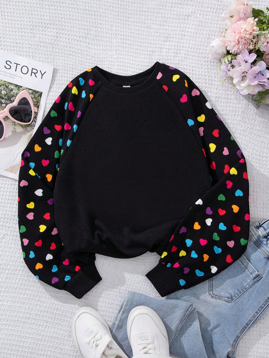 Tween Girl Sporty Street Style Knit Heart Print Round Neck Long Sleeve Sweatshirt