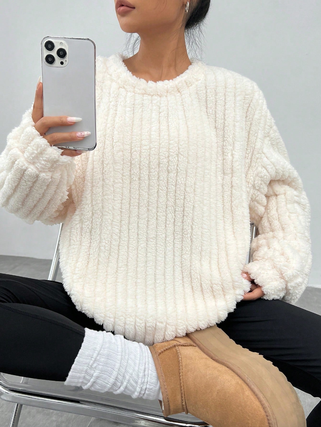 Spring Dress Solid Drop Shoulder Teddy Sweatshirt