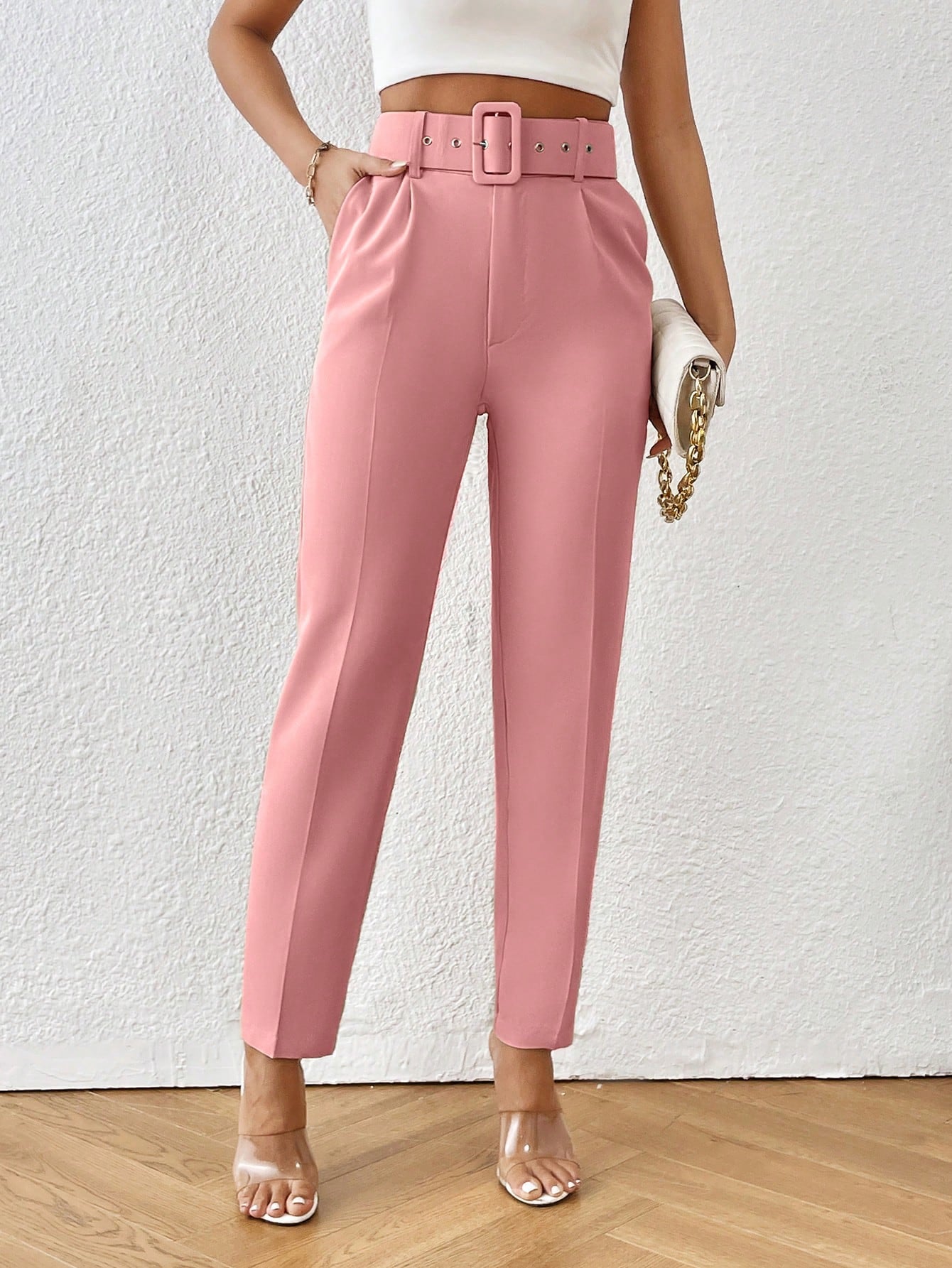 Solid Belted Tapered Pants