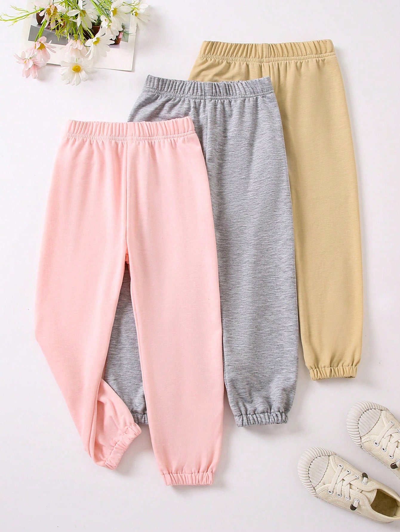 Young Girl 3pcs Solid Elastic Waist Sweatpants