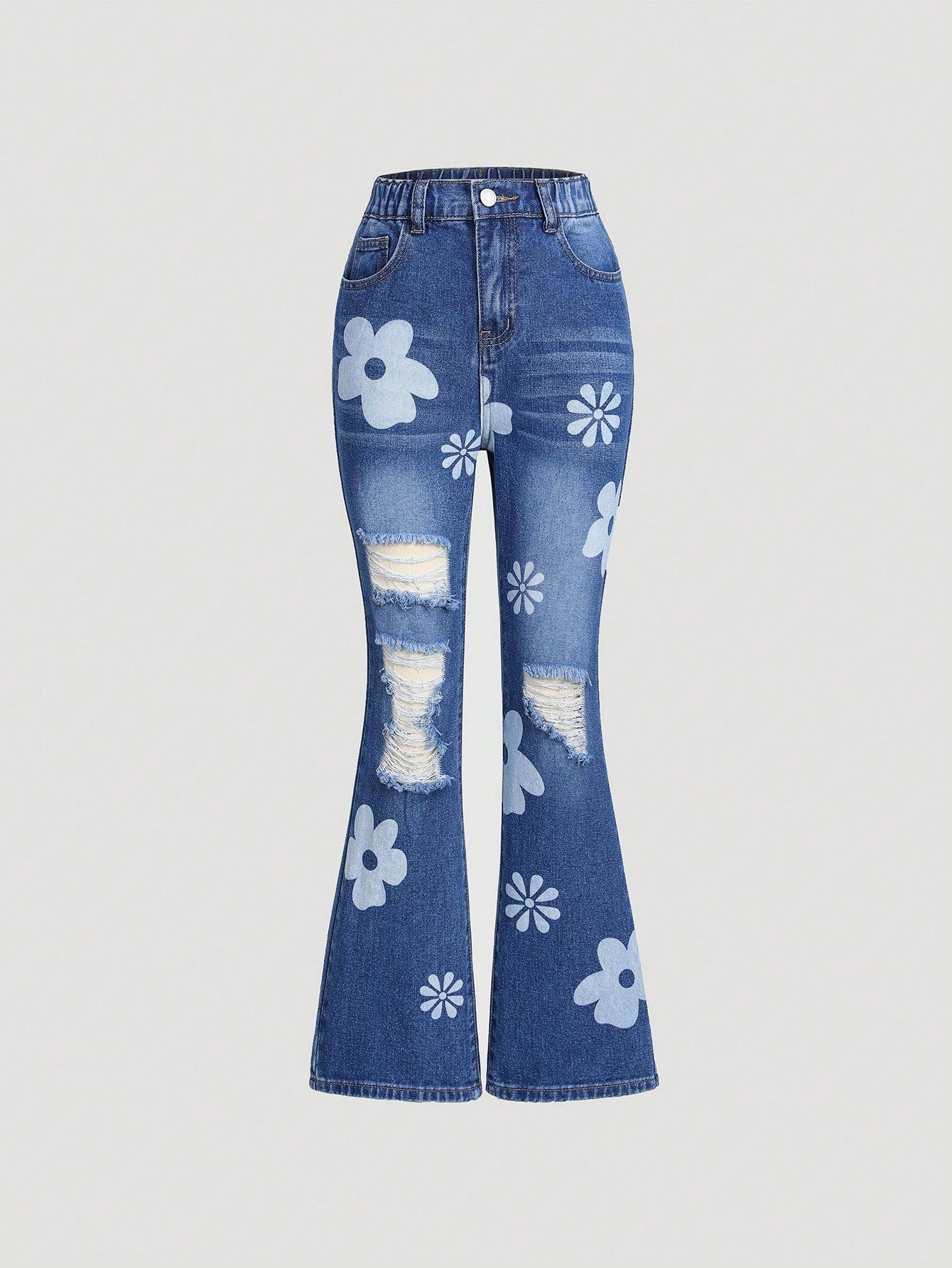 Tween Girl Printed Distressed Flare Jeans With Raw Hem