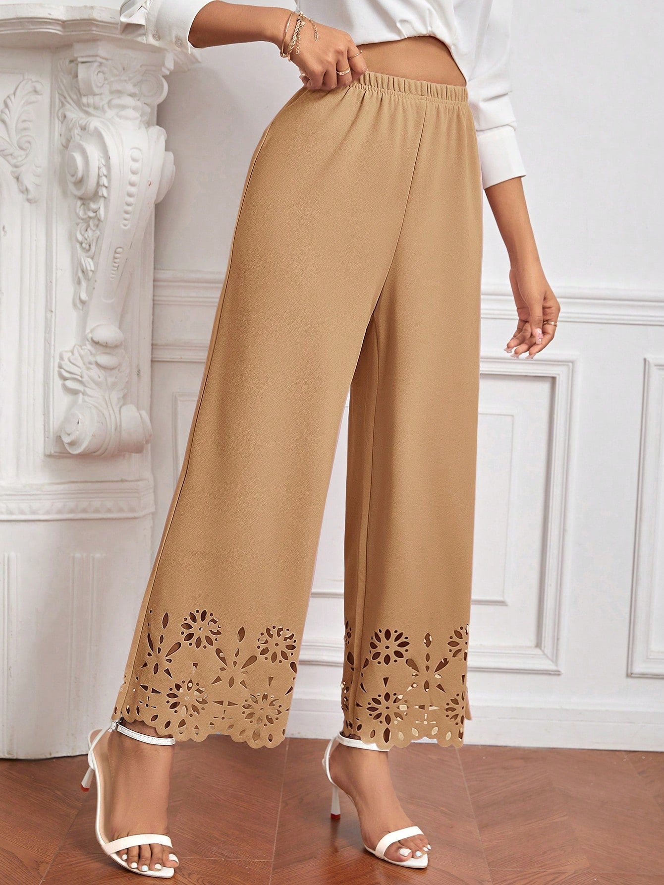 Laser Cut Out Wide Leg Pants