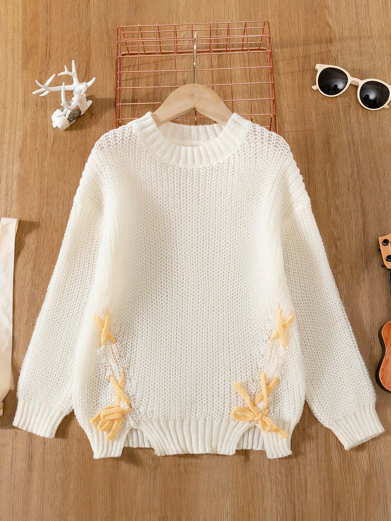 Young Girl Lace Up Detail Split Hem Sweater