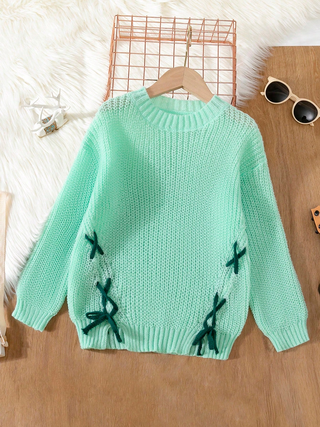 Young Girl Lace Up Detail Split Hem Sweater