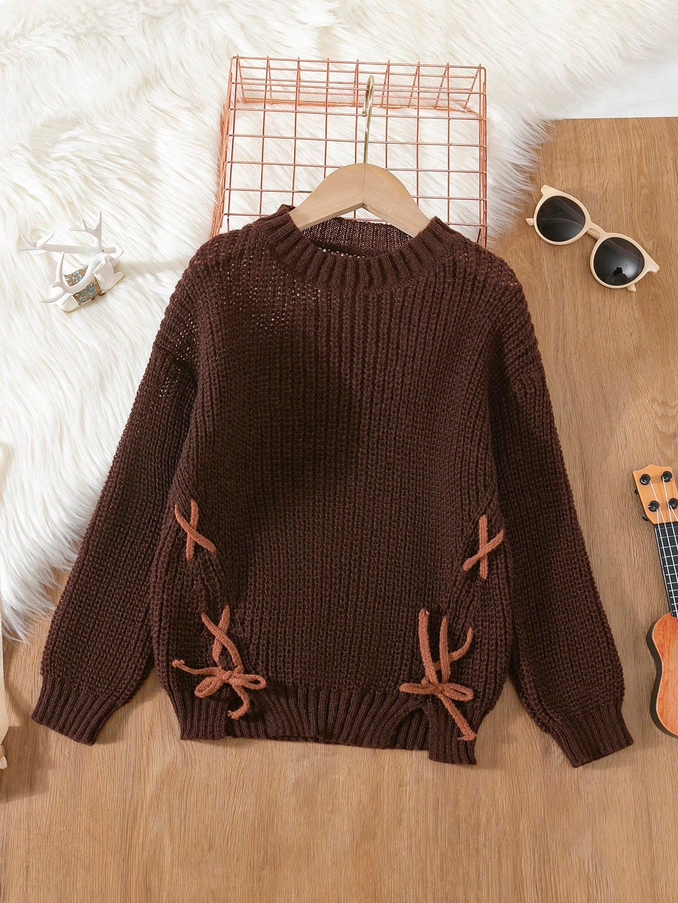 Young Girl Lace Up Detail Split Hem Sweater