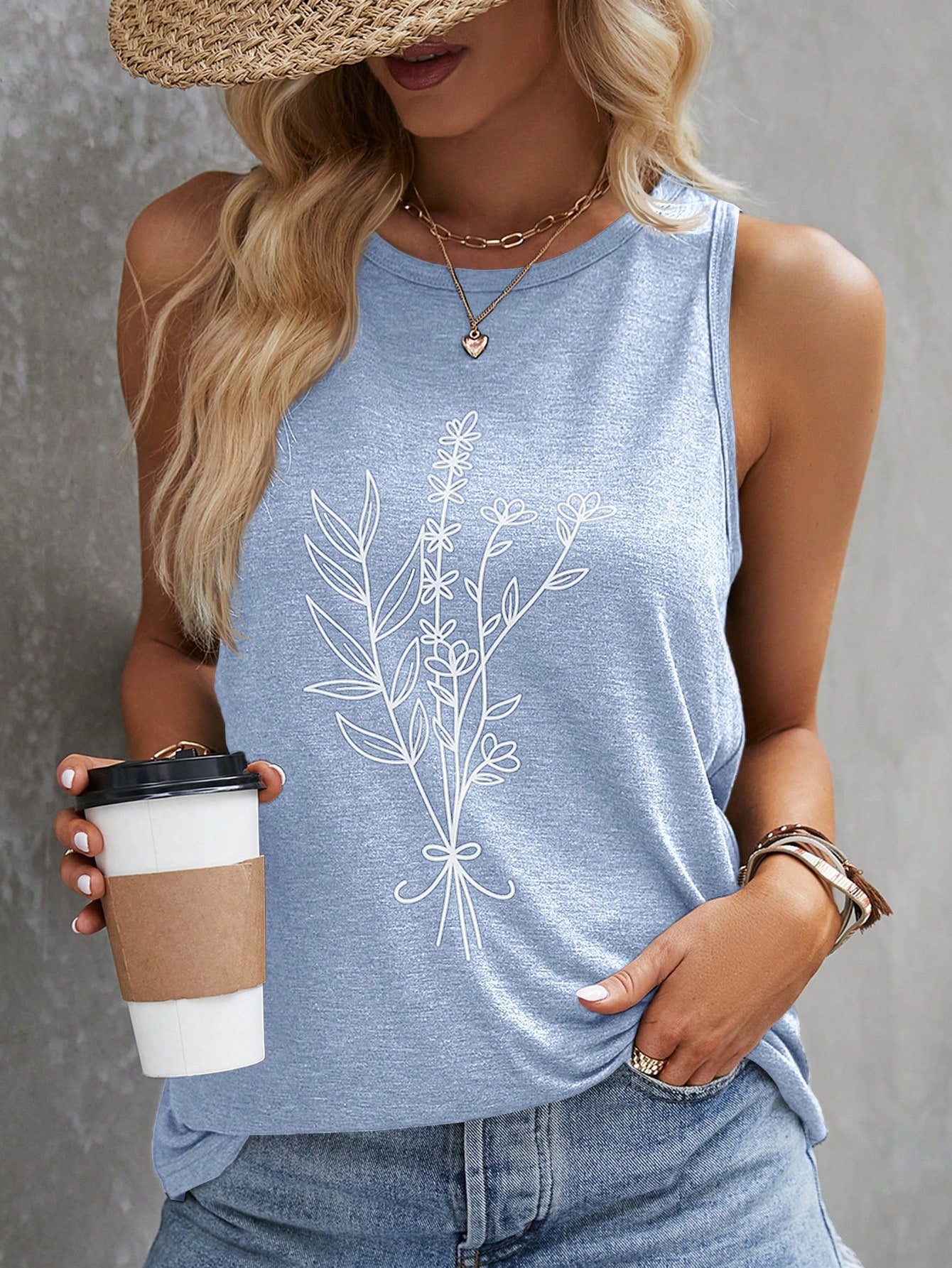 Women's Sleeveless Plant Print Tank Top For Summer