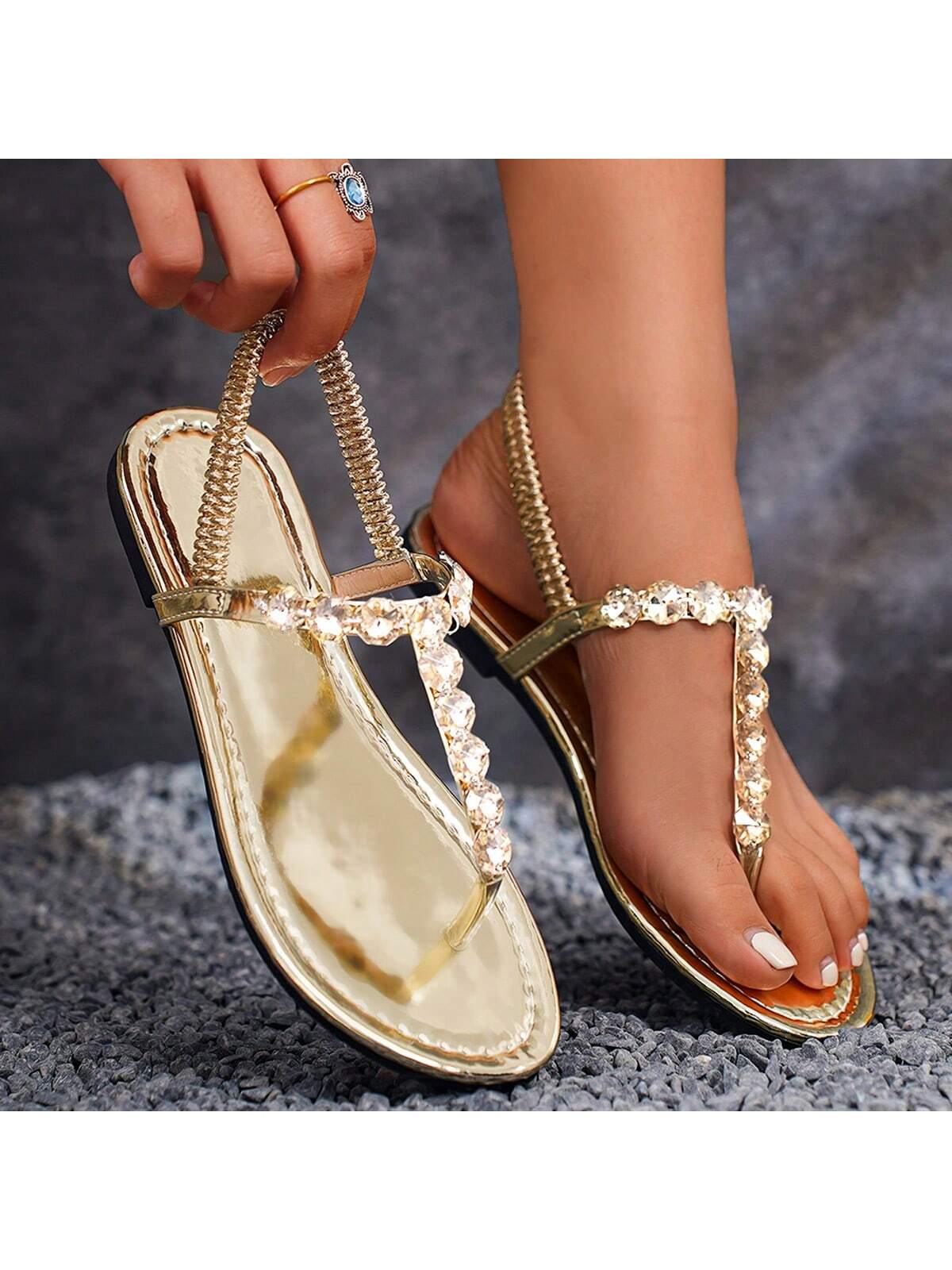 Women's Solid Color Handmade Beaded Flat Sandals, Summer New Arrival, Toe Ring Roman Style Crystal Flip Flops, Plus Size 43