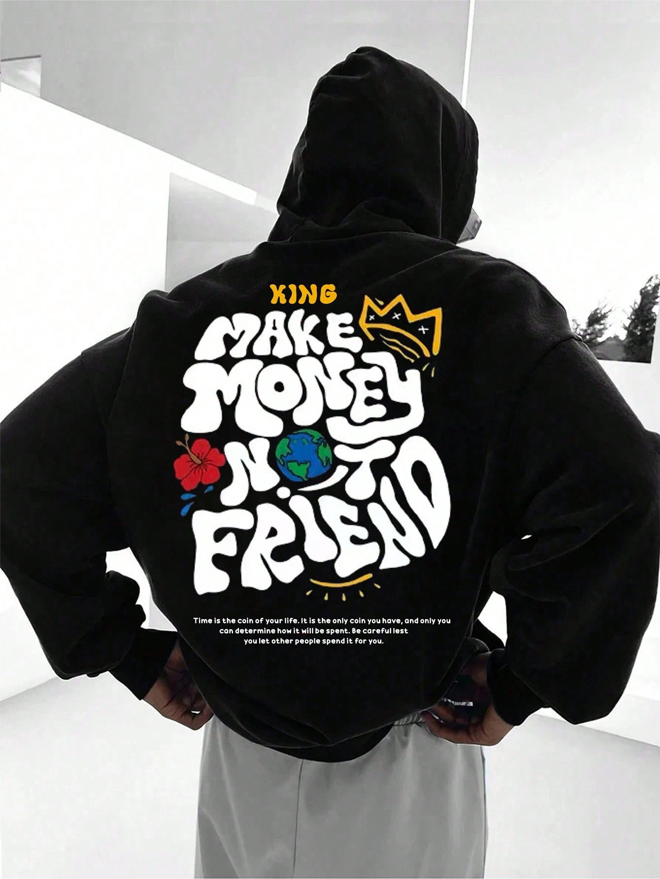 Men's Hooded Fleece Sweatshirt With Slogan Print And Drawstring