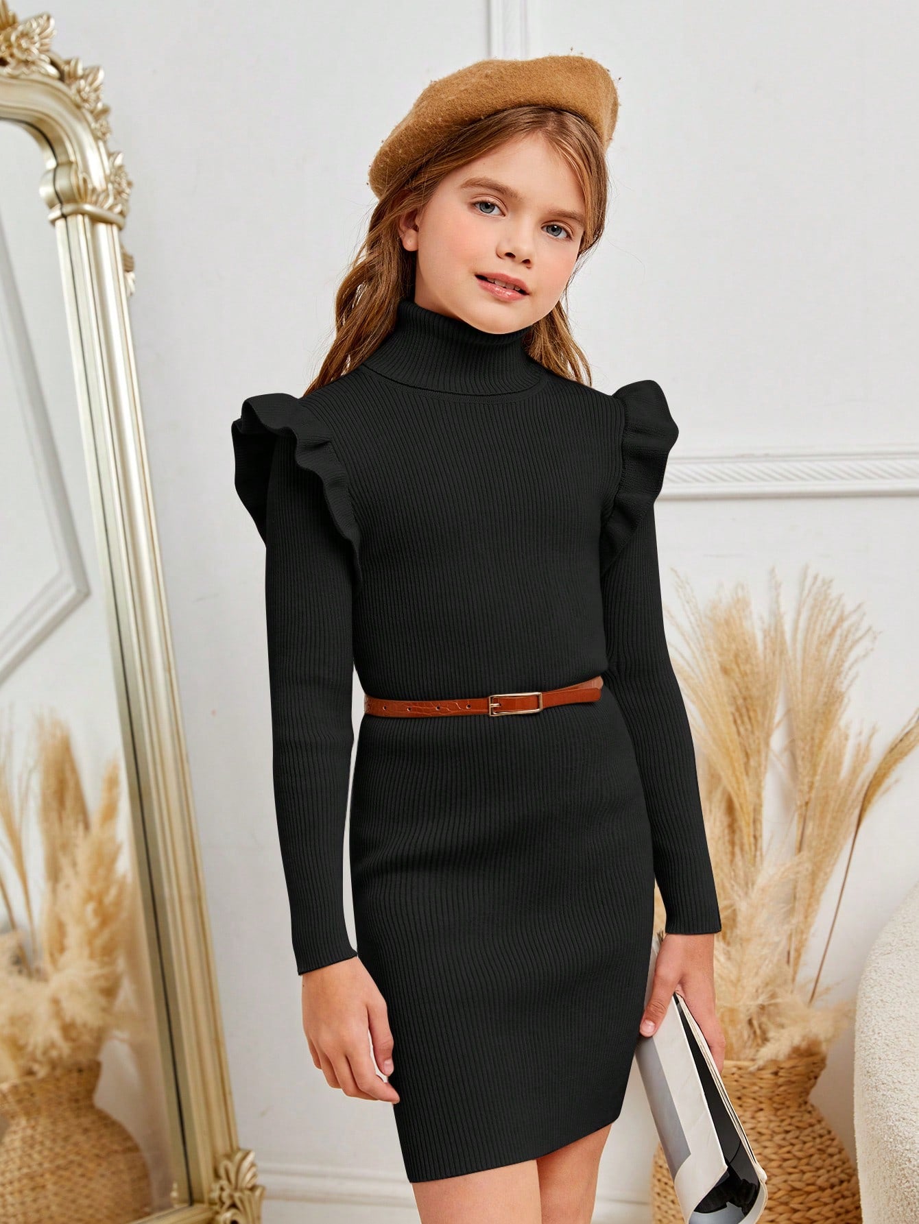 Tween Girl Turtle Neck Ruffle Trim Sweater Dress Without Belt