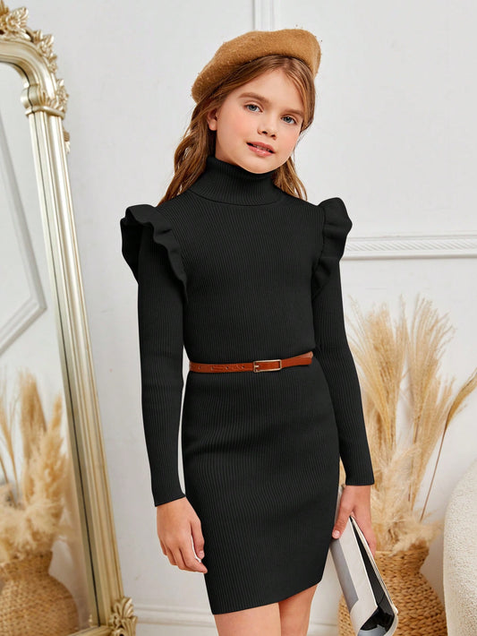 Girls' Solid Color High Neck Ruffle Hem Sweater Dress