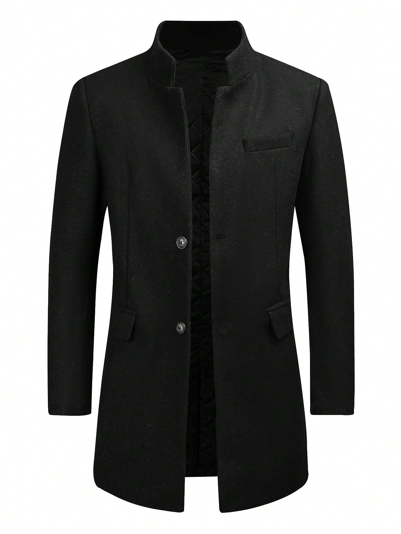 Men's Stand Collar Long Sleeve Single Breasted Woolen Coat