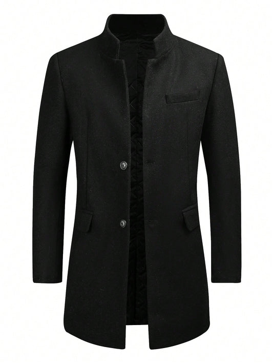 Men's Stand Collar Long Sleeve Single Breasted Woolen Coat