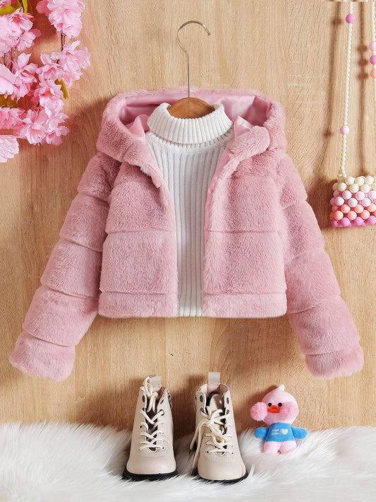 Young Girl Elegant Plush Hooded Coat With Solid Color For Autumn And Winter