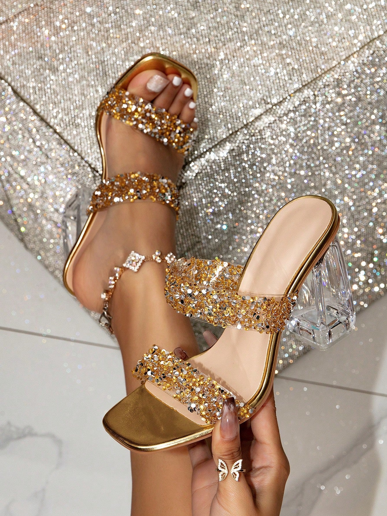 Women's Summer Champagne-colored High Heel Mules With Crystal Heels, Transparent Thick Heels, Shiny Party Decoration, Double-strap Slippers Suitable For Indoor, Outdoor And Beach Vacation