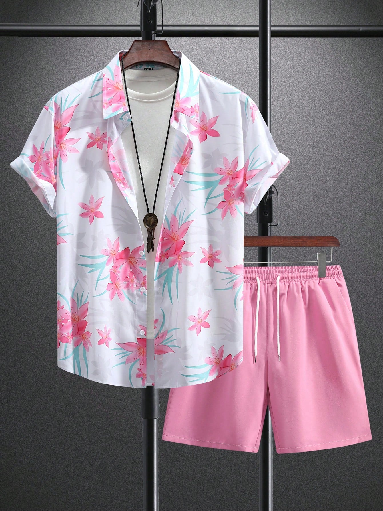 Men's Floral Print Plus Size Shirt And Drawstring Waist Shorts Set