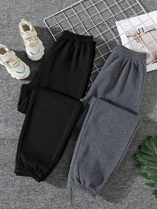 2pcs/set Knitted Black & Grey Teenage Girls' Casual Sweatpants Set