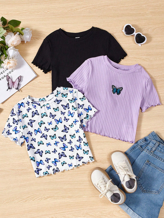 3pcs/set Tween Girls' Casual Knitted Round Neck Short Sleeve Tops For Daily Wear