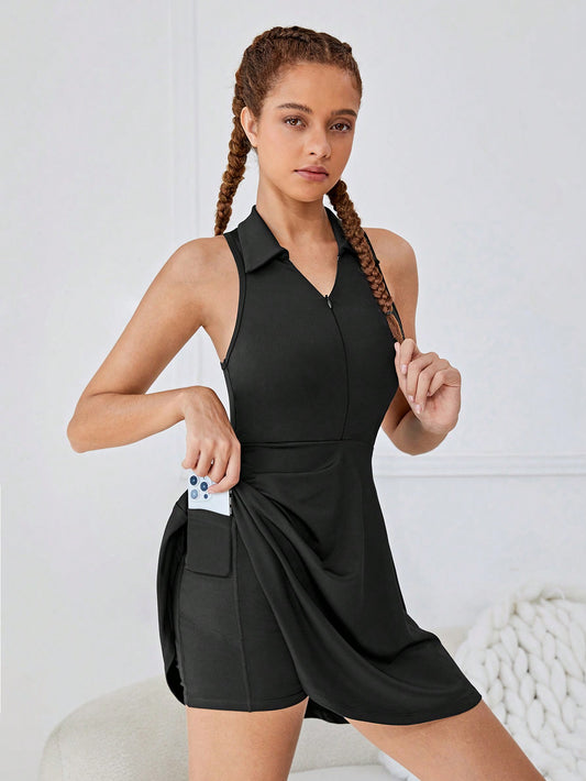 Teenage Girls' Collared Sleeveless Knitted Solid Color Hooded Sporty Dress