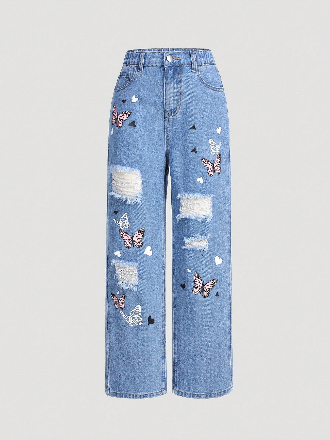 Tween Girl Butterfly Print Distressed Straight Leg Jeans