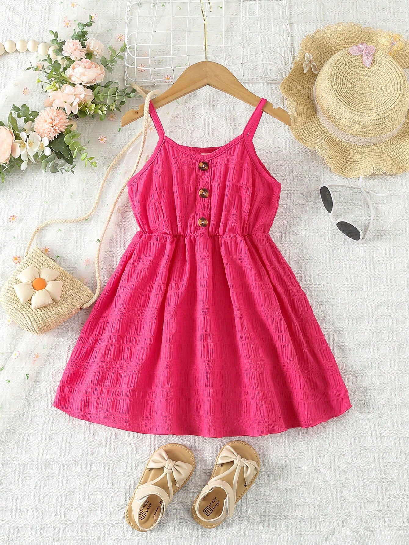 Young Girl Blue Spring Style V-neck Spaghetti Strap Dress With Rolled Edge And Gathered Waist, Summer