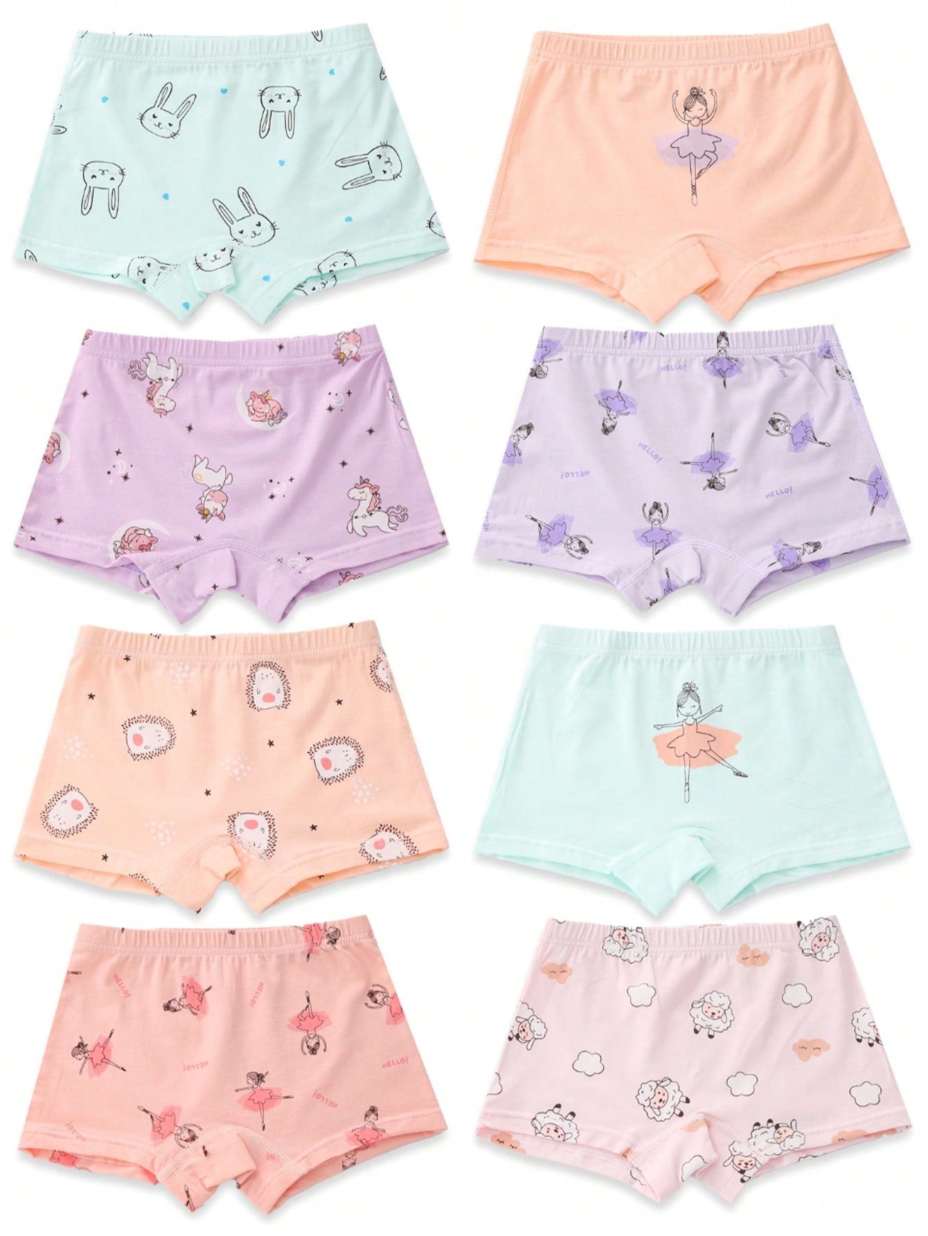 8pcs/Set Cute Cartoon Ballet Girl, Rabbit, Unicorn, Hedgehog Printed Mid-Rise Underwear For Young Girls, Four Seasons