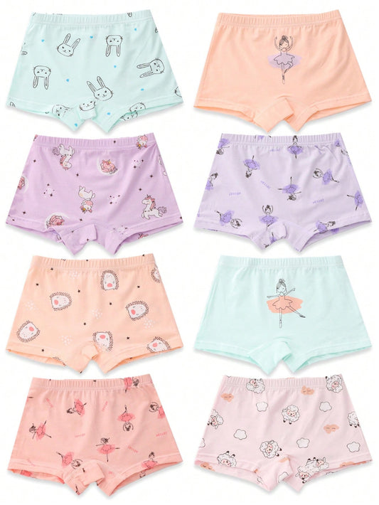 8pcs/Set Cute Cartoon Ballet Girl, Rabbit, Unicorn, Hedgehog Printed Mid-Rise Underwear For Young Girls, Four Seasons