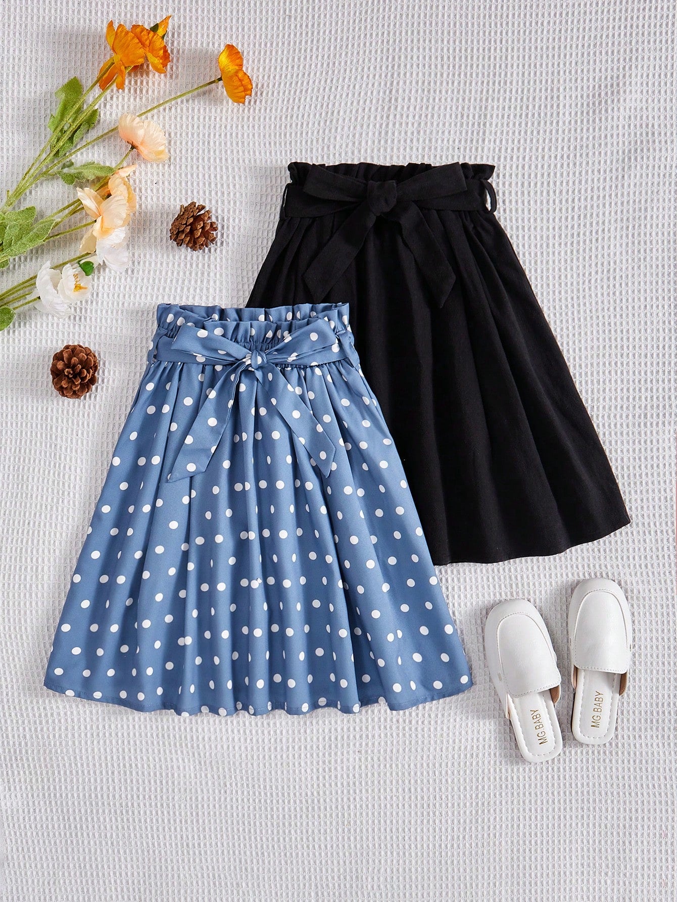 Young Girl Loose Fit Casual Polka Dot & Solid Color Skirt 2pcs/Set