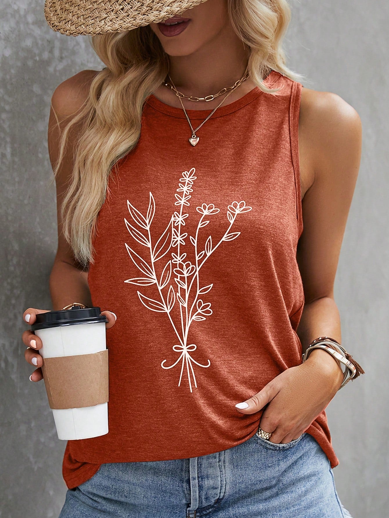 Women's Sleeveless Plant Print Tank Top For Summer