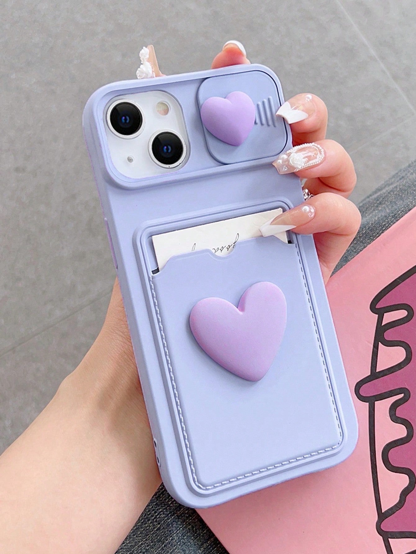Pull-And-Slide Transparent Double Heart-Shaped Pendant Picture Frame Card Holder Phone Case Compatible With Iphone