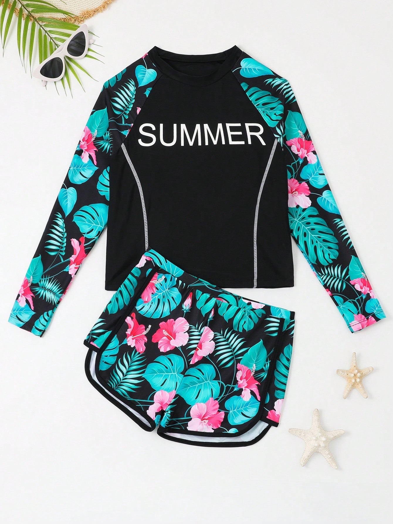 Teenage Girls' Random Tropical Print Raglan Sleeve Long Sleeve Tankini Swimsuit Set