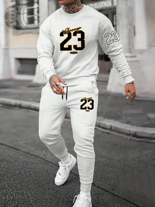 Men Plus Letter Printed Fleece Sweatshirt And Sweatpants Set