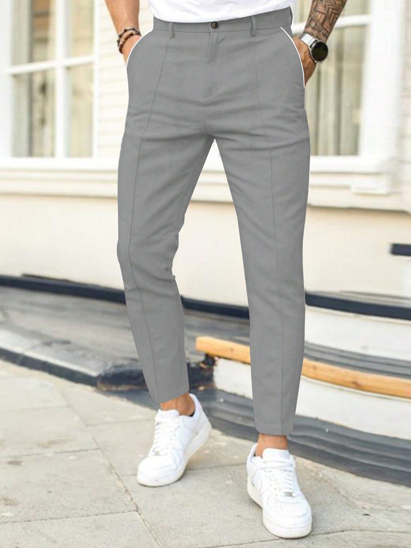 Men Casual Solid Slant Pocket Suit Pants