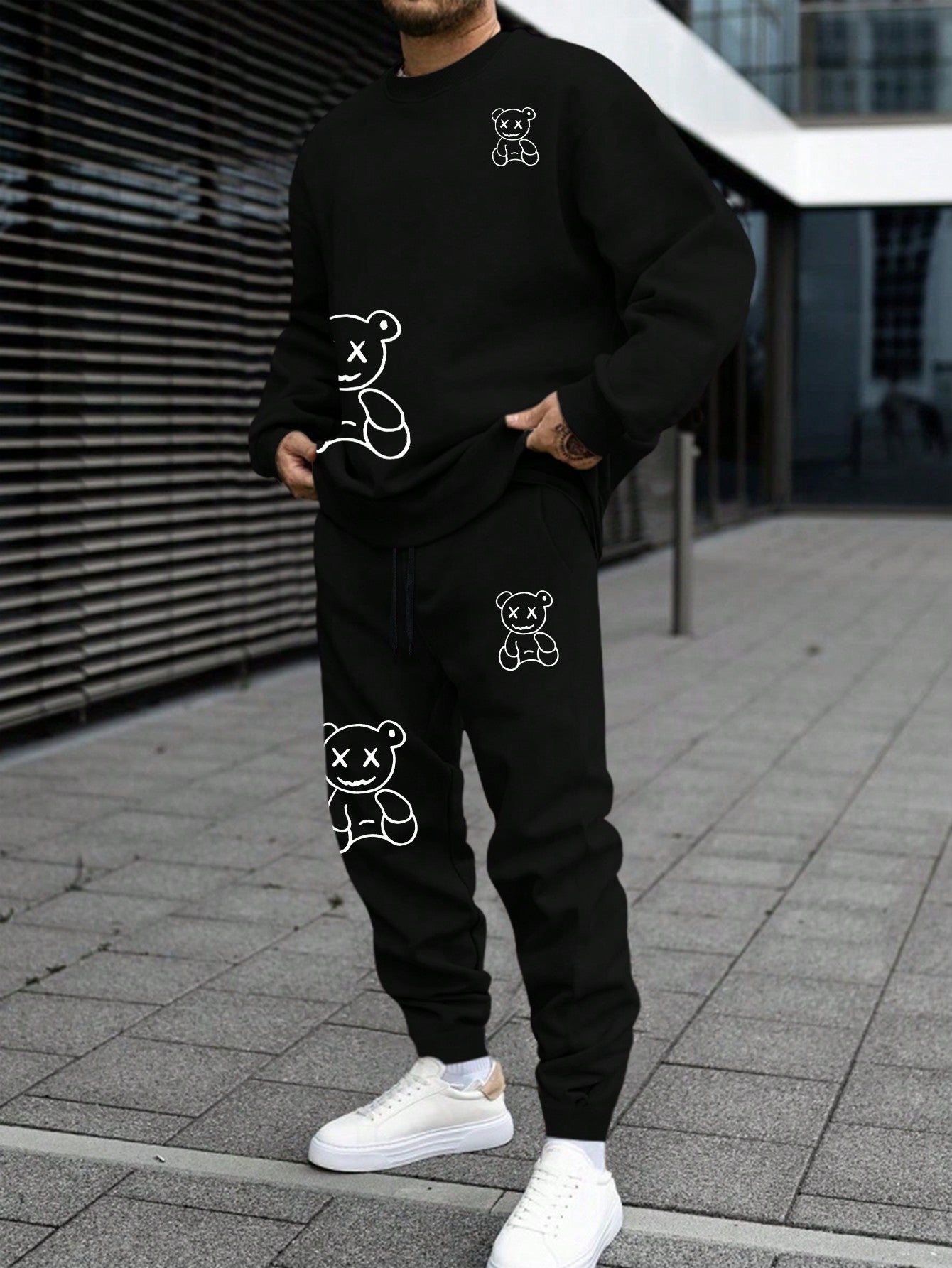 Men Bear Print Sweatshirt & Drawstring Waist Sweatpants