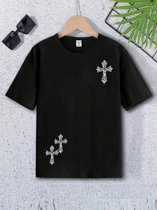 Tween Boy 1pc Fashionable Cross Print Basic Round Neck Short Sleeve T-Shirt For Boys