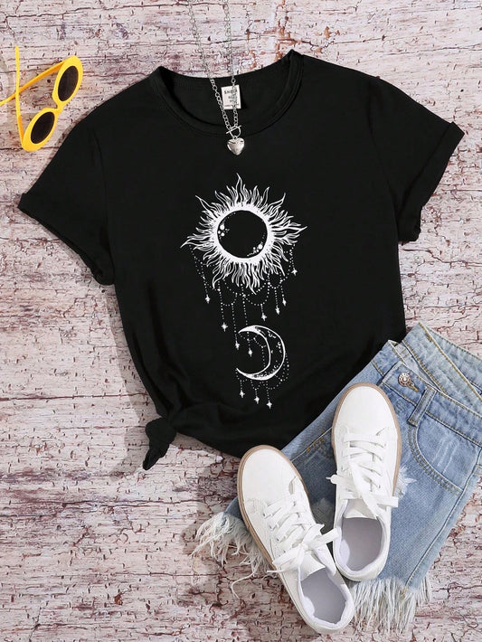 Tween Girl Casual Sun & Moon Printed Round Neck Short Sleeve T-Shirt