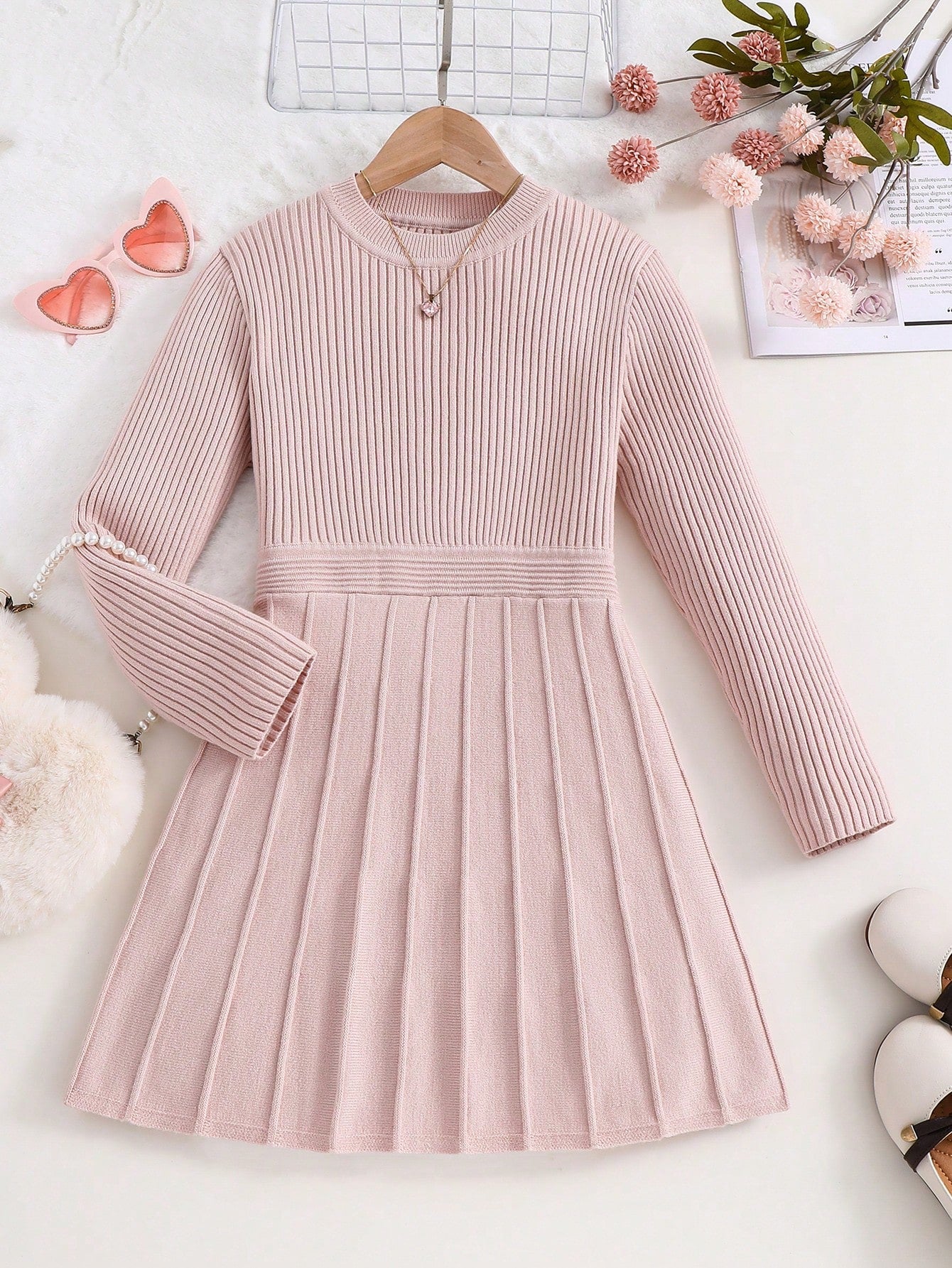 Tween Girl Solid Color Ribbed Knit Dress With Round Neck