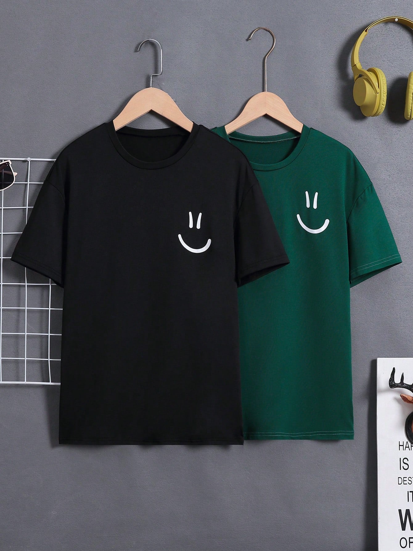 Teenage Boys' 2pcs Face Print Round Neck T-shirts