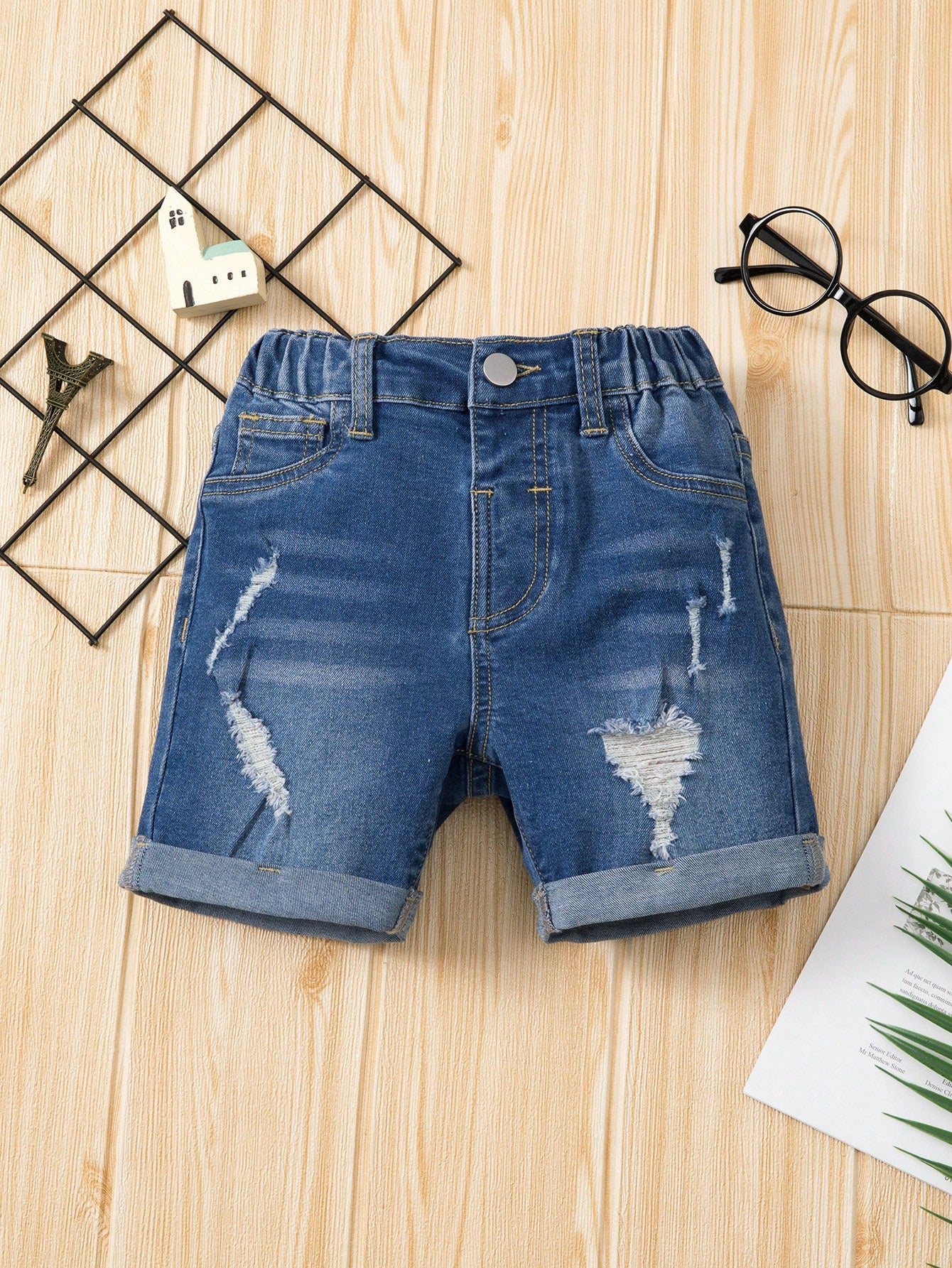 Young Boy Medium Washed Blue Ripped Elasticity Rolled Hem Denim Shorts